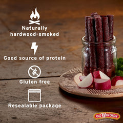 Old Wisconsin beef sausage snack sticks texture shot emphasizing lean cuts and natural flavor.