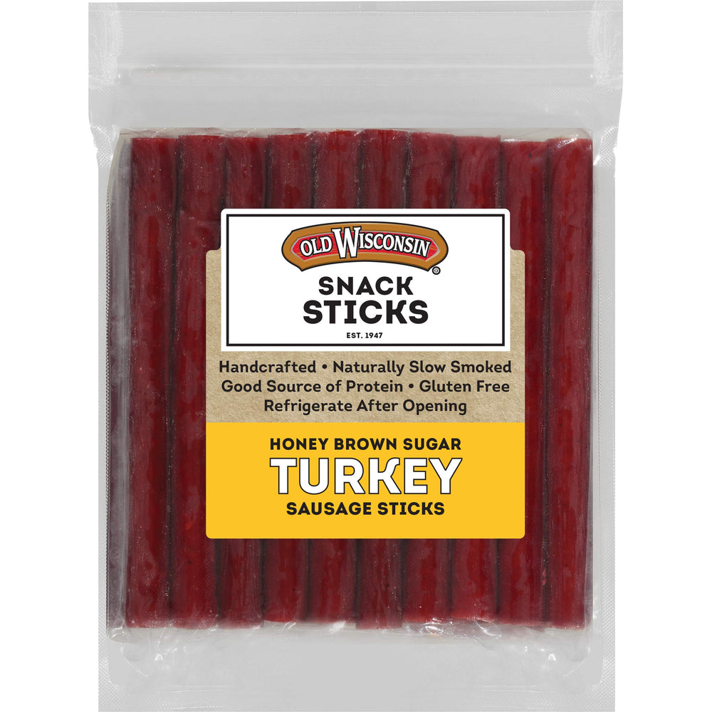 Old Wisconsin Honey Brown Sugar Turkey Sausage Snack Sticks package front view, ready-to-eat high-protein snack