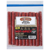 Old Wisconsin Hot & Spicy sausage sticks in a resealable package for quick, high-protein snacking.