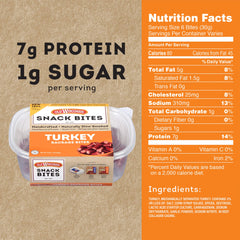 Old Wisconsin Turkey Snack Bites resealable tub highlights gluten-free, MSG-free qualities.