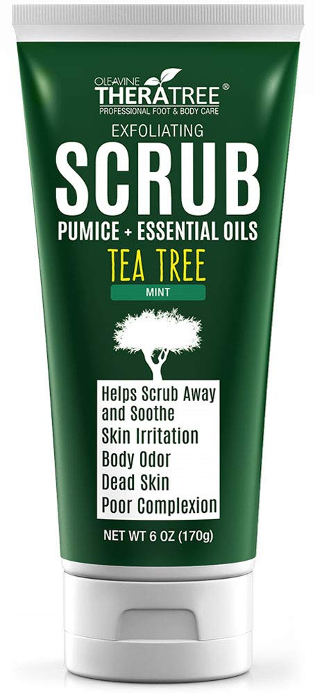 Oleavine Tea Tree Exfoliating Scrub jar shows textured beads for gentle exfoliation.
