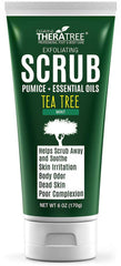 Oleavine Tea Tree Exfoliating Scrub jar shows textured beads for gentle exfoliation.