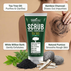 Oleavine Tea Tree Exfoliating Scrub texture closeup highlights charcoal and scrub particles.
