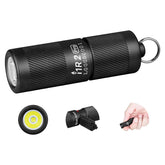 OLIGHT I1R 2 Pro EOS front view shows compact keychain flashlight for daily carry.