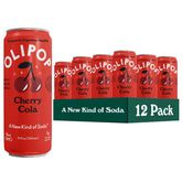 OLIPOP Cherry Cola can close-up highlighting a prebiotic, flavorful, on-the-go treat.