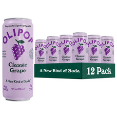 OLIPOP Classic Grape can front showcasing gluten-free, GMO-free prebiotic beverage.