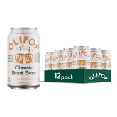 OLIPOP Classic Root Beer can showing a prebiotic soda option for digestive wellness.
