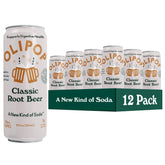OLIPOP Classic Root Beer can on display, featuring gut-friendly prebiotics in a nostalgic flavor.