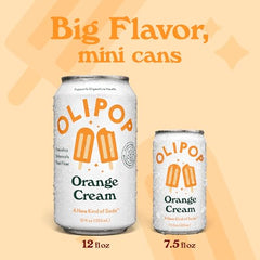 Close-up of OLIPOP Minis Orange Cream label highlighting gluten-free and non-GMO features.