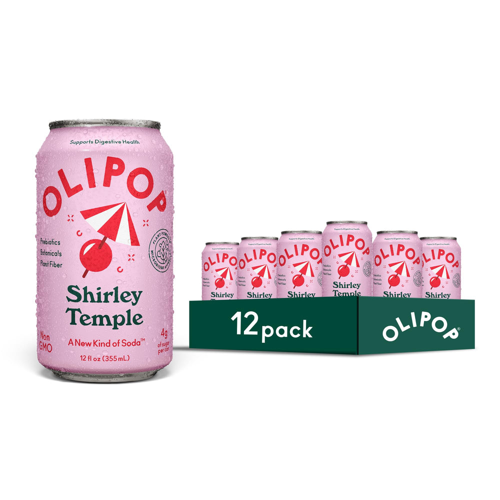 OLIPOP Shirley Temple 12-pack cans ready for a nostalgic, fiber-rich sip