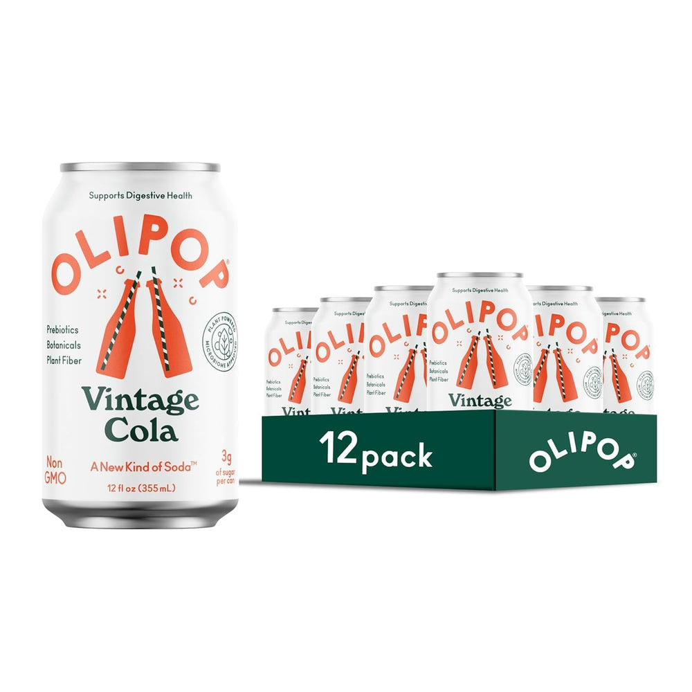 OLIPOP Vintage Cola can front view highlighting classic flavor and prebiotic fiber.
