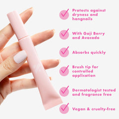 Olive & June Cuticle Oil in use around cuticles, fast-absorbing and non-greasy