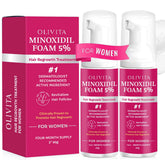 OLIVITA 5% Minoxidil Foam for Women shows application on scalp, supporting fuller-looking hair.