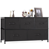 OLIXIS 5-drawer dresser with wood top and fabric bins for organized storage.
