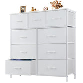 OLIXIS 9-drawer dresser with wood top in bright white, organized storage potential.