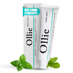 Ollie Fresh Mint toothpaste tube close-up highlighting the clean, minty formula
