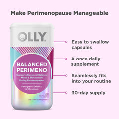 OLLY Balanced Perimeno ingredients panel featuring fenugreek and chromium.