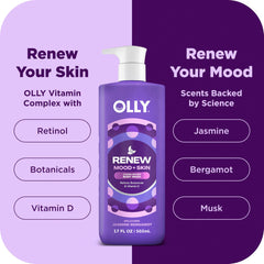 OLLY Body Wash bottle pour showing creamy texture and gentle lather.
