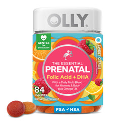 OLLY Essential Prenatal bottle front shows citrus berry gummies for daily support