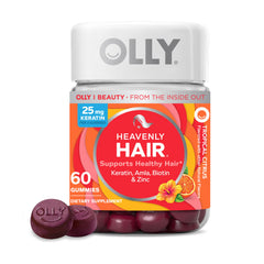 OLLY Heavenly Hair gummy bottle with tropical citrus flavor supports healthy hair