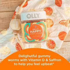 OLLY Hello Happy Gummy Worms close-up texture highlights chewy, enjoyable consistency.