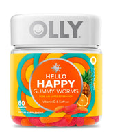 OLLY Hello Happy Gummy Worms tropical flavor gummies in bottle for a mood lift.