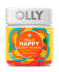 OLLY Hello Happy Gummy Worms tropical flavor gummies in bottle for a mood lift.