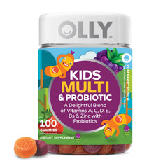 OLLY Kids multivitamin probiotic gummy bottle supports daily wellness.