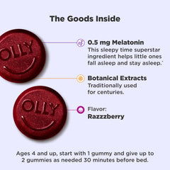 OLLY Kids Sleep Gummies label front emphasizing gentle bedtime ingredients.