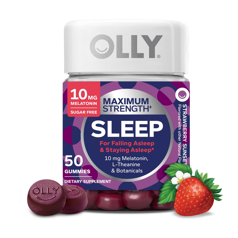 OLLY Max Strength Sleep gummy bottle front showing strawberry flavor for a calming nightly ritual