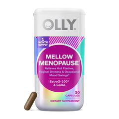 OLLY Mellow Menopause bottle on table for daily support.