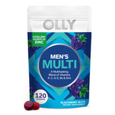 OLLY Men's Multivitamin bottle front view highlights daily wellness with blackberry flavor