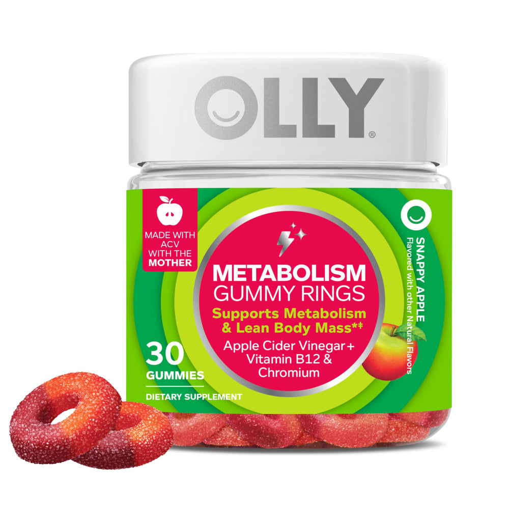 OLLY Metabolism Gummy Rings bottle pour demonstrates Apple Cider Vinegar flavor and energy vibe