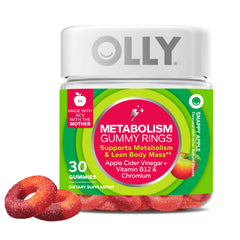 OLLY Metabolism Gummy Rings bottle pour demonstrates Apple Cider Vinegar flavor and energy vibe