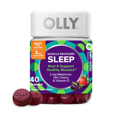OLLY Muscle Recovery Sleep bottle shown for nightly rest and post-workout comfort.