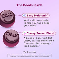 OLLY gummies closeup highlighting berry flavor and 3mg melatonin for easier bedtime.