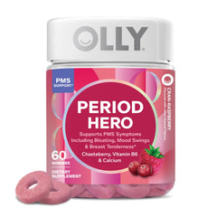 OLLY Period Hero Gummies bottle with Cran-Raspberry flavor for cycle comfort.