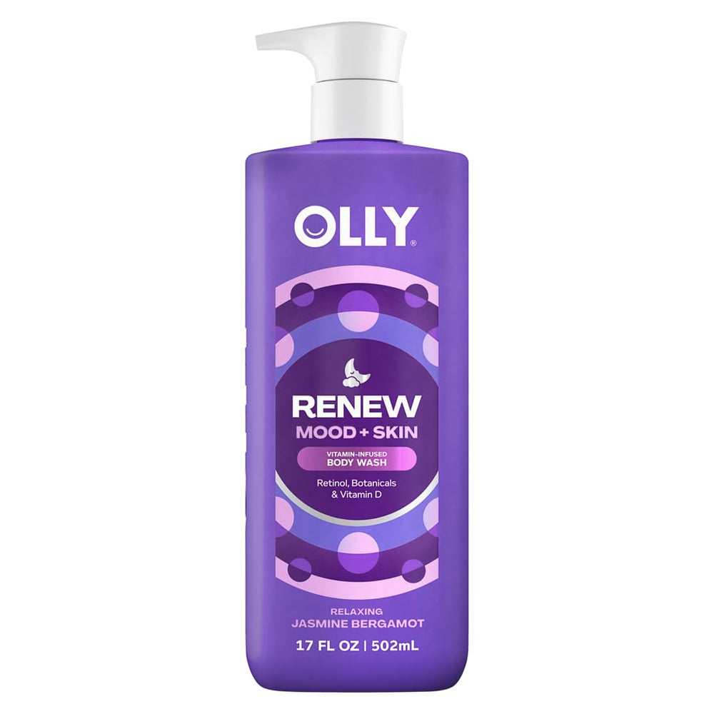 OLLY Renew bottle front shows nourishing cleanser for skin support and nightly ritual