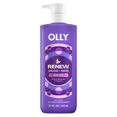 OLLY Renew bottle front shows nourishing cleanser for skin support and nightly ritual