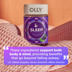 OLLY Sleep Gummies bottle close-up shows gummy texture.