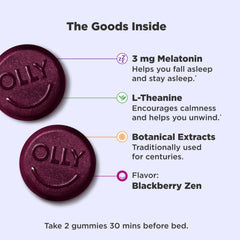 OLLY Sleep Gummies close-up texture shows chewy blackberry flavor for a soothing bite.