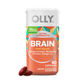 OLLY Ultra Strength Brain Softgels bottle for on-the-go focus support.