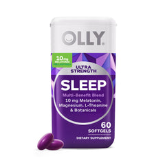 OLLY Ultra Strength Sleep Softgels bottle promotes a calm nighttime routine.