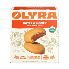 Olyra organic biscuits 4ct packaging with breakfast dates and honey flavor.