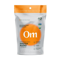 Om Master Blend bottle closeup highlighting immune-support formula.