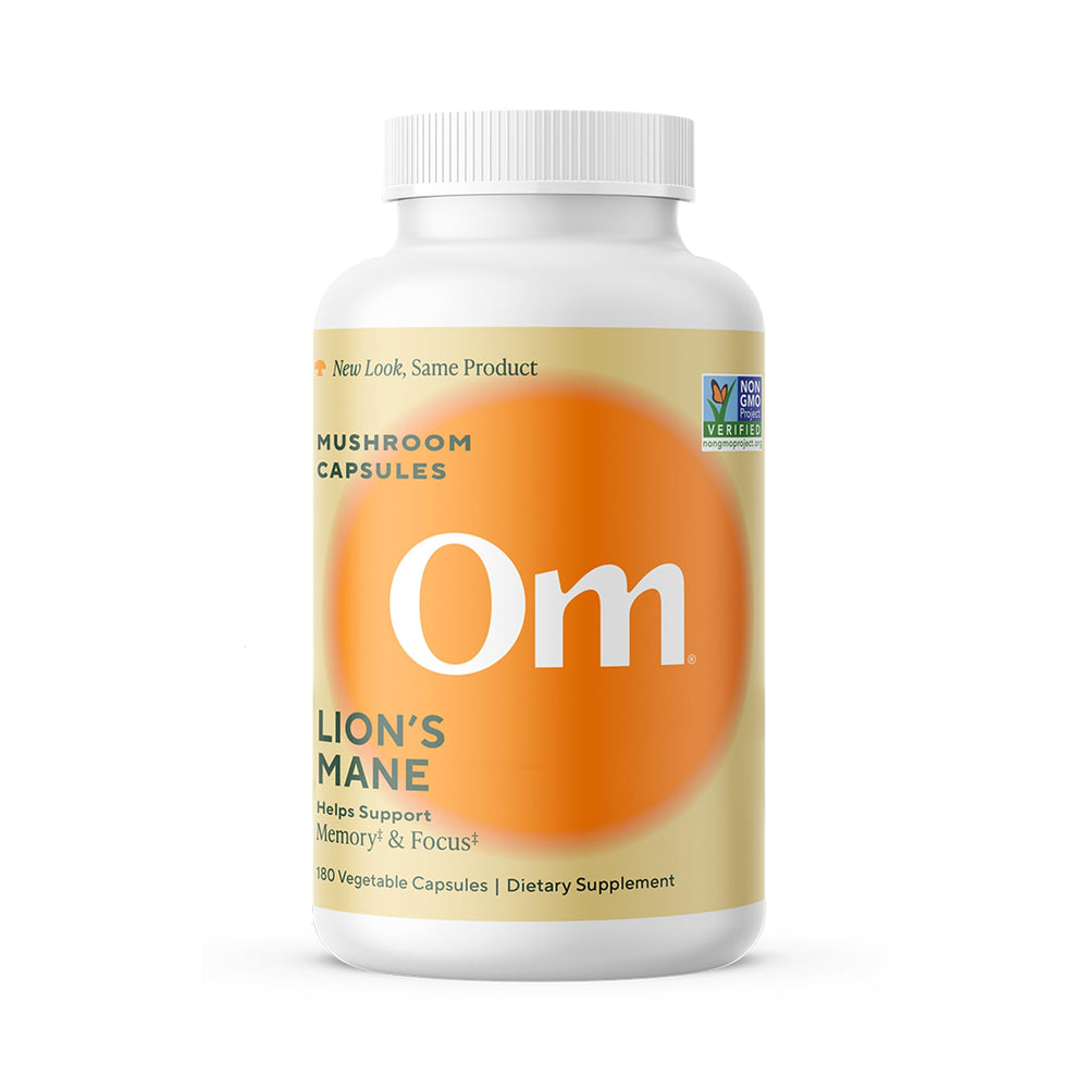 Om Mushroom Lion’s Mane capsules bottle for daily cognitive support.