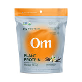 OM Mushroom Master Blend Vanilla bottle pour demonstrates convenient daily protein for energy support.