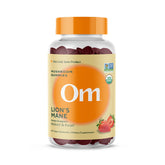 OM Mushroom Superfood Lions Mane Gummies jar shows strawberry flavor and focus support
