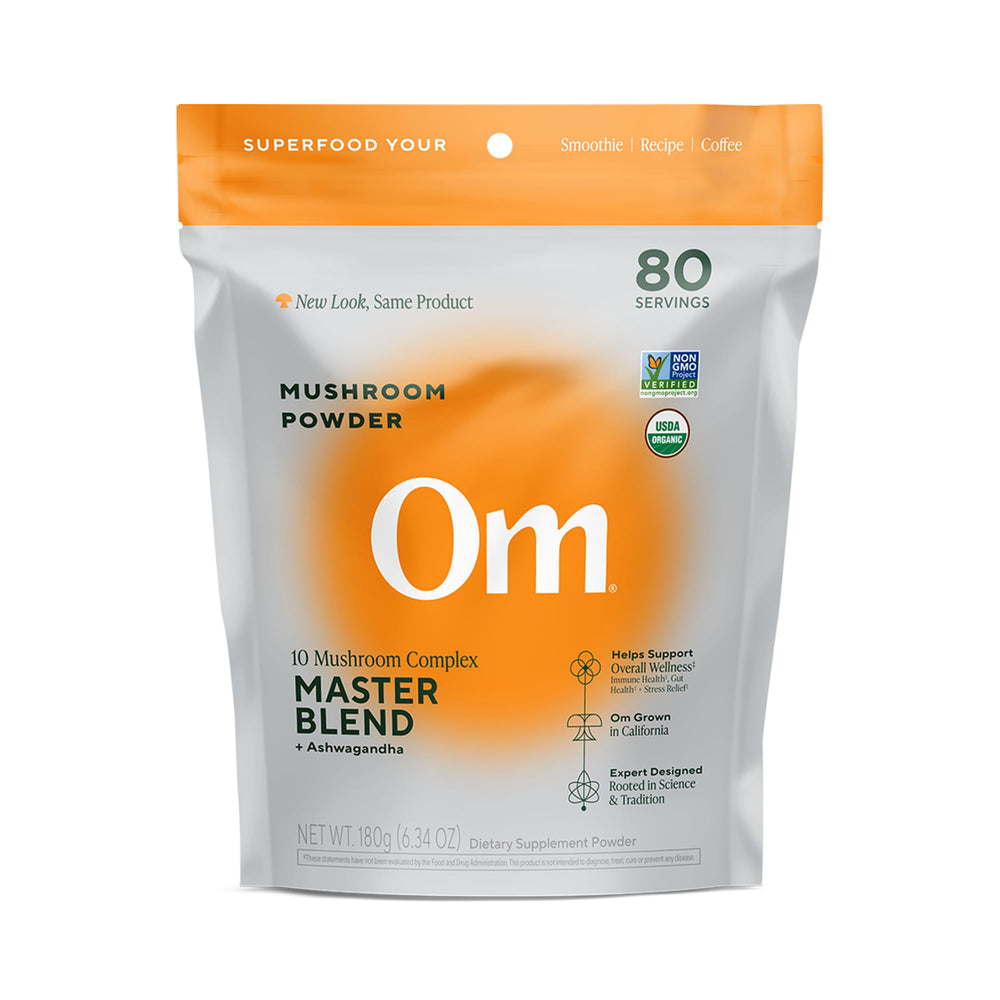 OM Mushrooms Master Blend powder in a resealable bag for immune support