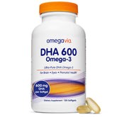 OmegaVia DHA 600mg bottle with capsules for cognitive and eye support